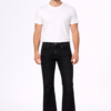 Men wearing black bootcut denim jeans with white t-shirt full body studio shot