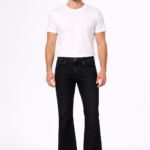 Men wearing black bootcut denim jeans with white t-shirt full body studio shot