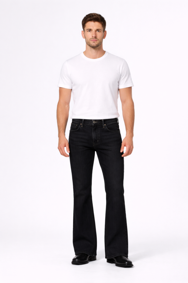 Men wearing black bootcut denim jeans with white t-shirt full body studio shot