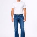 Men wearing classic blue bootcut denim jeans with white t-shirt full body studio shot