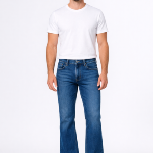 Men wearing classic blue bootcut denim jeans with white t-shirt full body studio shot