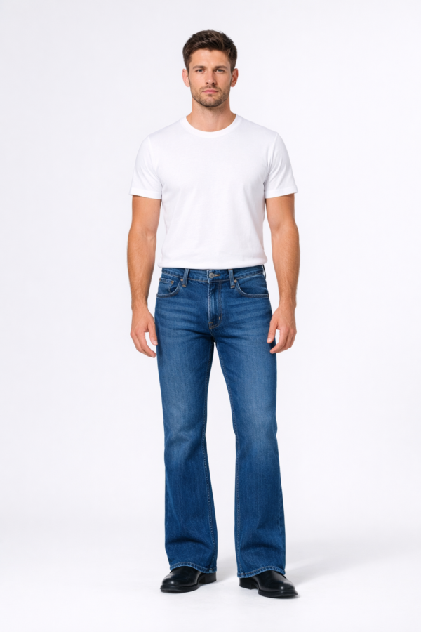 Men wearing classic blue bootcut denim jeans with white t-shirt full body studio shot