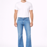 Men wearing light blue bootcut denim jeans front view