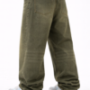 Back view of men’s olive green oversized fit denim jeans with relaxed streetwear style and casual sneakers.